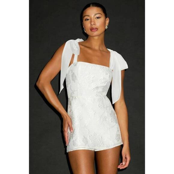 Lulus Esihle White Jacquard Tie-strap Skort Romper - Size M - Picture 1 of 1